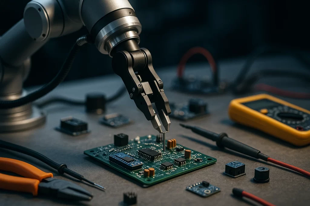 Robotic arm assembling electronics to represent hands-on learning and innovation.