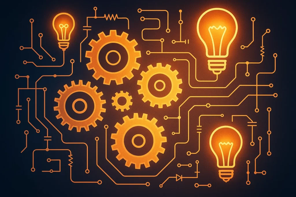 Concept illustration of innovation and problem-solving with interconnected gears and circuits.