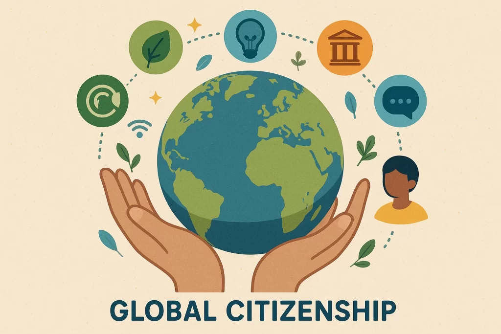 Concept of global citizenship with hands holding a globe and icons of sustainability, technology, and culture.