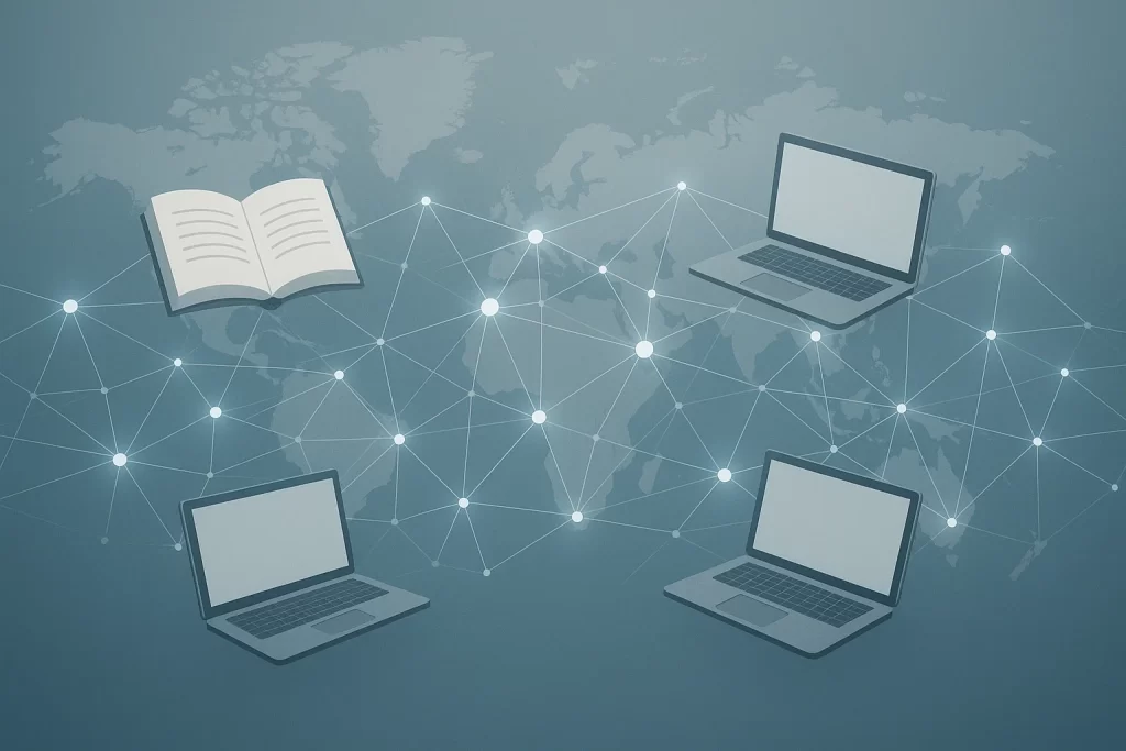 Digital learning and global education concept with floating books, laptops, and network connections