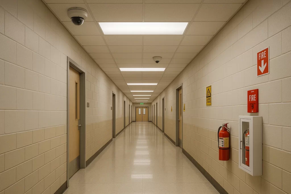 Empty school hallway with CCTV cameras, fire safety equipment, and safety signage on walls, illustrating safety in top CBSE schools in Greater Noida, no humans, no logos, clean environment.