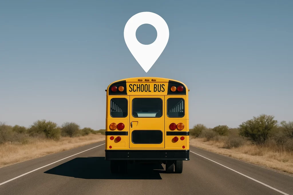 School bus on an empty road with GPS tracker icon overlay, depicting safe transportation for students in schools in Greater Noida, no humans, no logos, no campus in background.