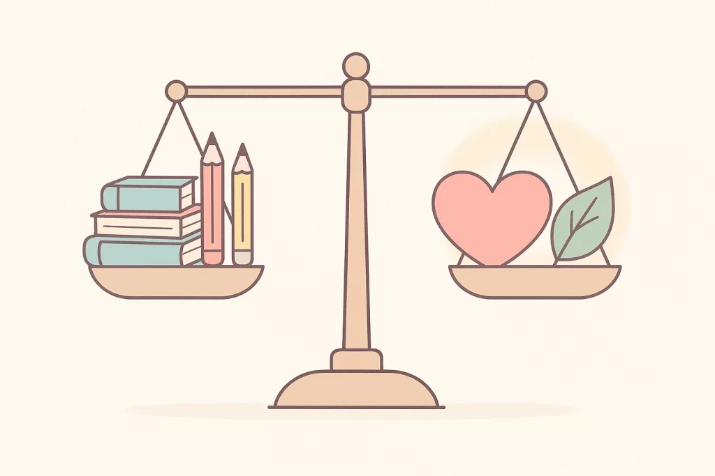Balanced scales showing academics and well-being equally for holistic student growth.