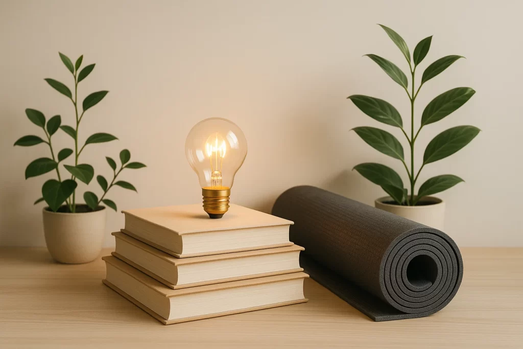 Objects representing learning, creativity, and emotional well-being in a balanced education environment.