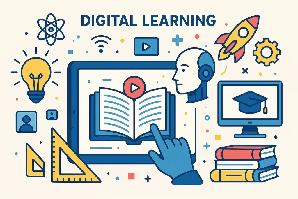 Illustration of digital literacy and technology for children’s global future skills education.