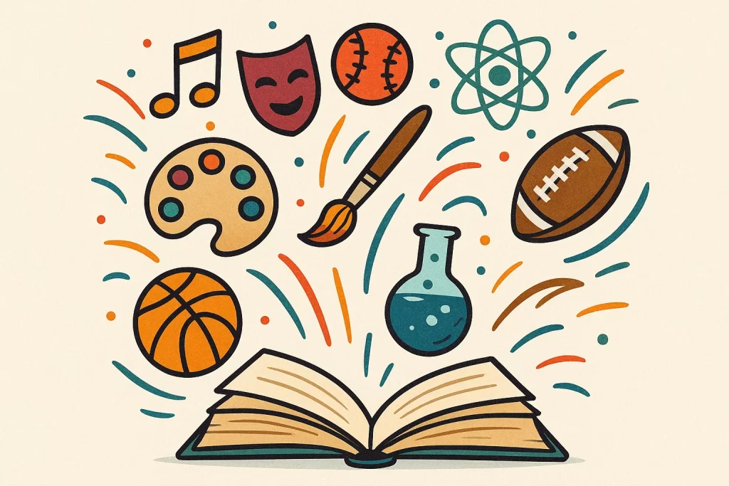 Illustration of icons for arts, sports, and science around an open book showing extra-curricular activities benefits.
