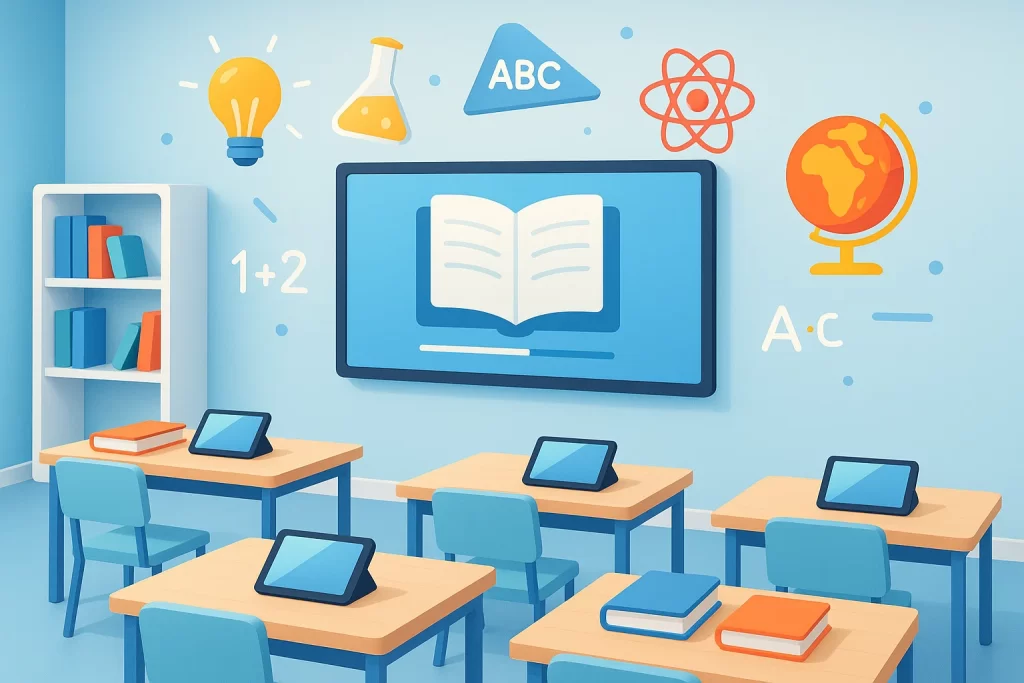 Modern classroom illustration with digital learning tools and educational icons.