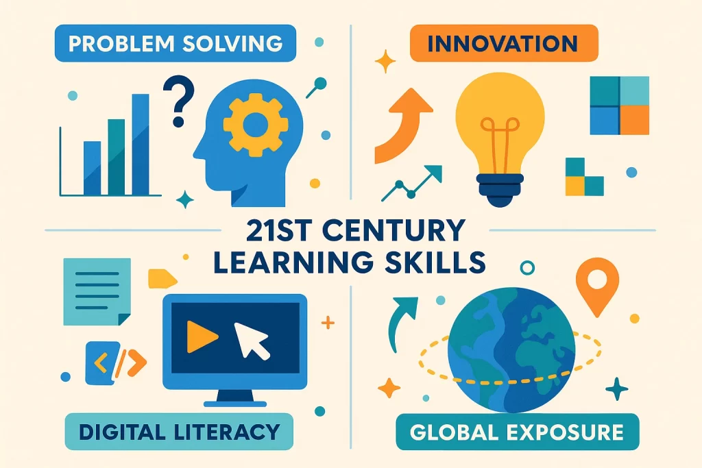 Illustration representing 21st-century learning skills like problem-solving, innovation, digital literacy, and global awareness