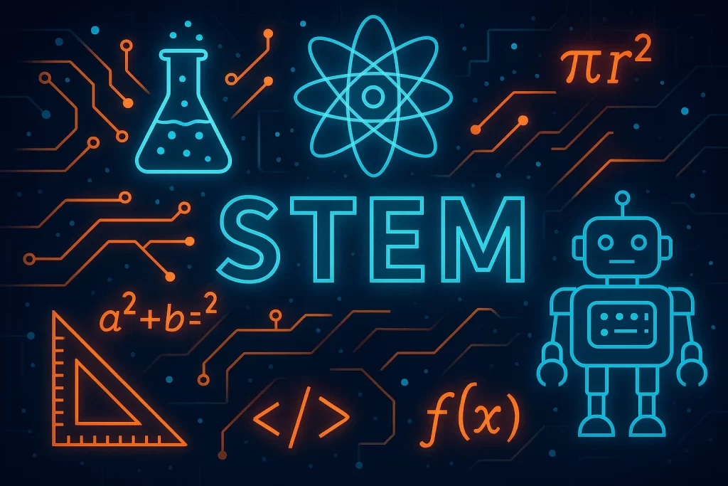Illustration of STEM learning with robotics, coding, and math elements in a digital environment.