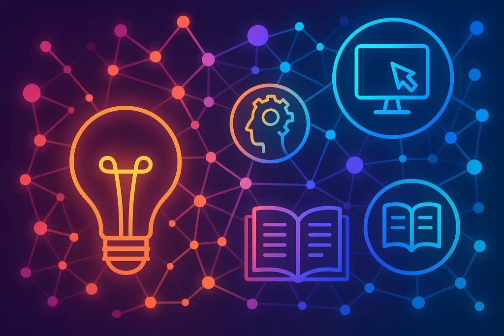 Abstract digital illustration representing innovation, creativity, and digital literacy for students.