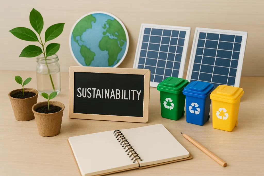 Sustainability education project with plants, solar panels, and recycling materials.