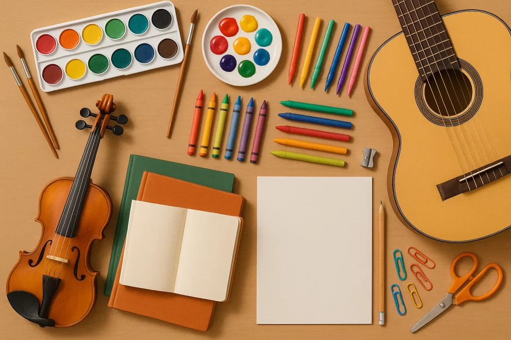 Arts and creative learning materials representing holistic student development.