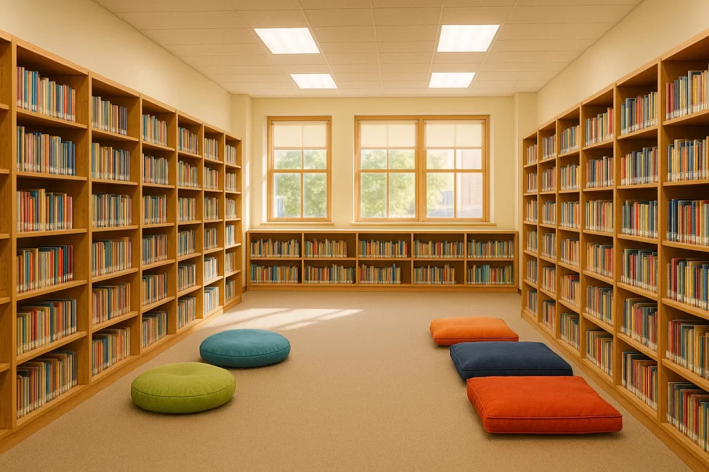 Spacious library for students at CBSE schools in Greater Noida.