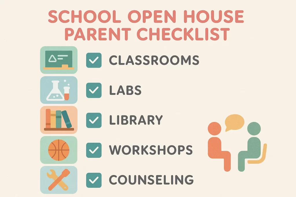 Checklist infographic of activities and facilities to explore during a school open house event.