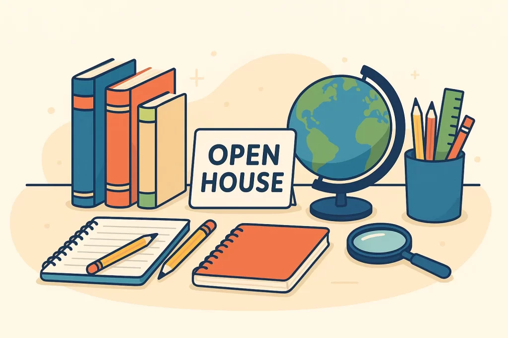 Illustration of educational tools and books representing learning and school open house events.