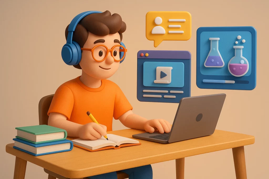 Concept of personalized digital learning with virtual resources and books.