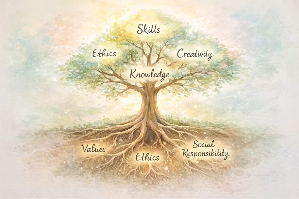 Illustration showing holistic education with tree representing student growth, values, skills, and creativity.