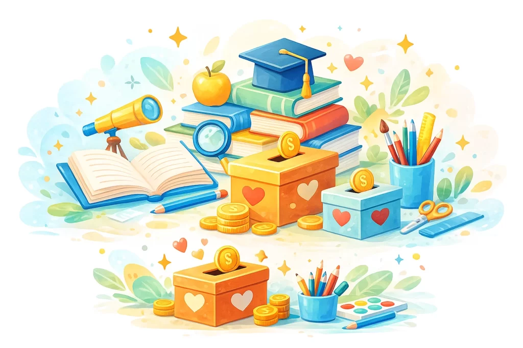 Illustration of books and charity boxes representing educational outreach and support for underprivileged children.