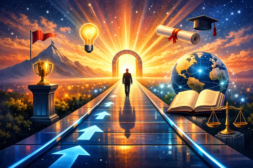 Pathway to a bright horizon symbolizing leadership, ethics, and global education