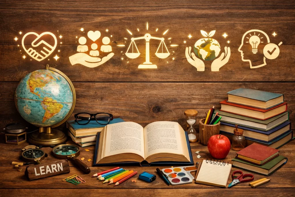 Books, globe, and educational tools representing holistic education, moral values, and social responsibility.
