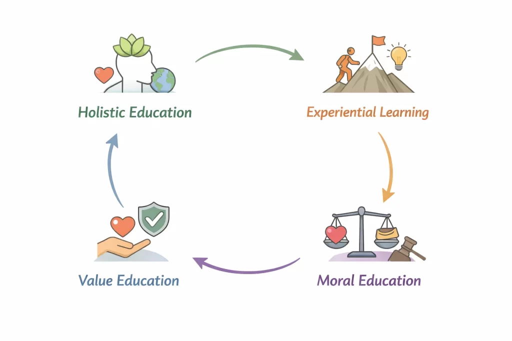 Infographic illustrating holistic education, experiential learning, moral education, and value education for students.