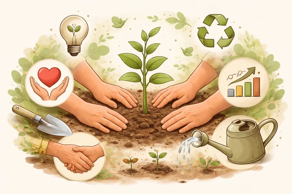 Hands planting a sapling surrounded by icons representing responsibility, teamwork, and personal growth.