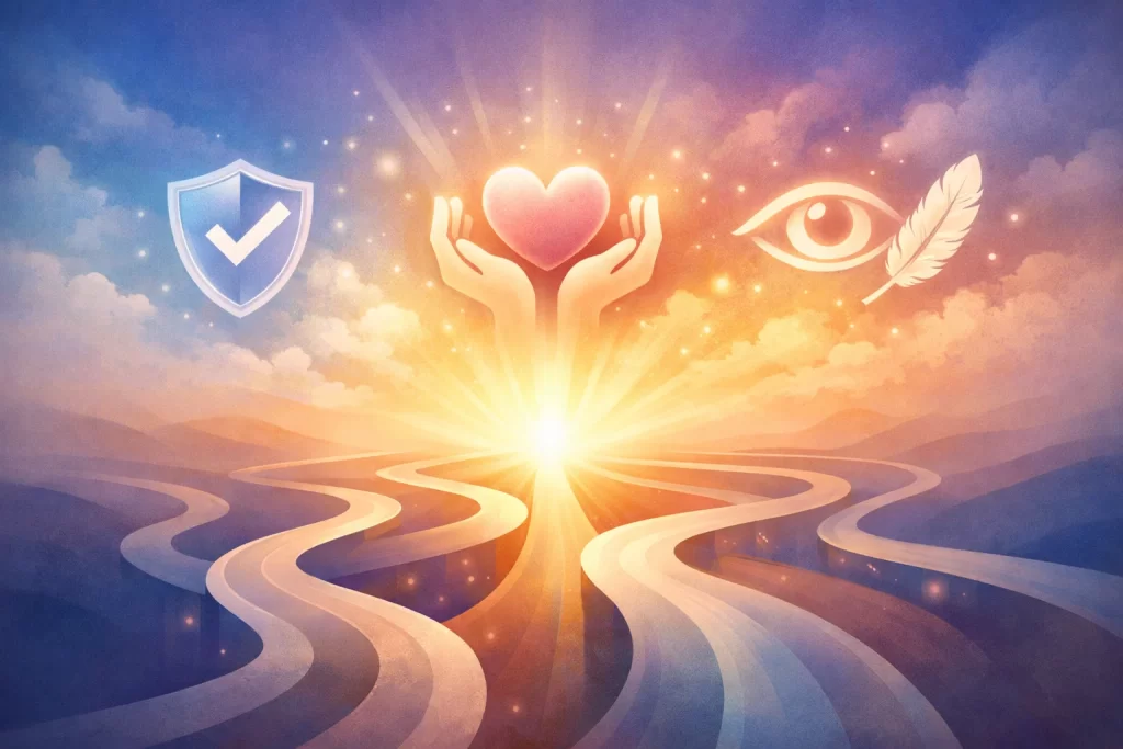 Abstract illustration of ethical decision-making with pathways, glowing light, and icons representing honesty, empathy, and integrity.