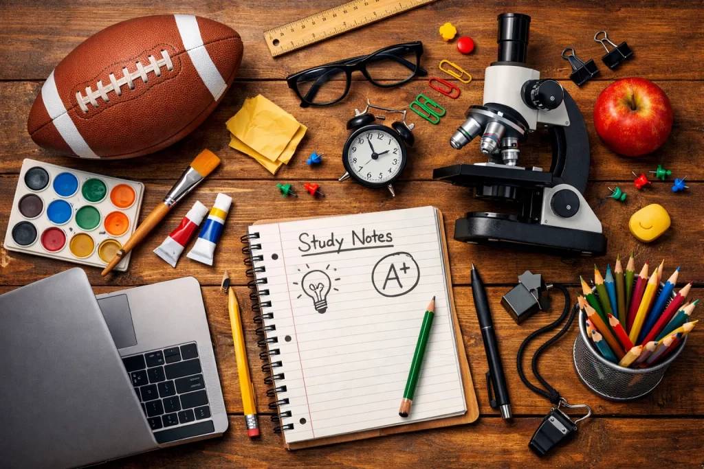 Creative flat-lay showing extracurricular activities at GNWS, including sports, science, art, and digital learning.