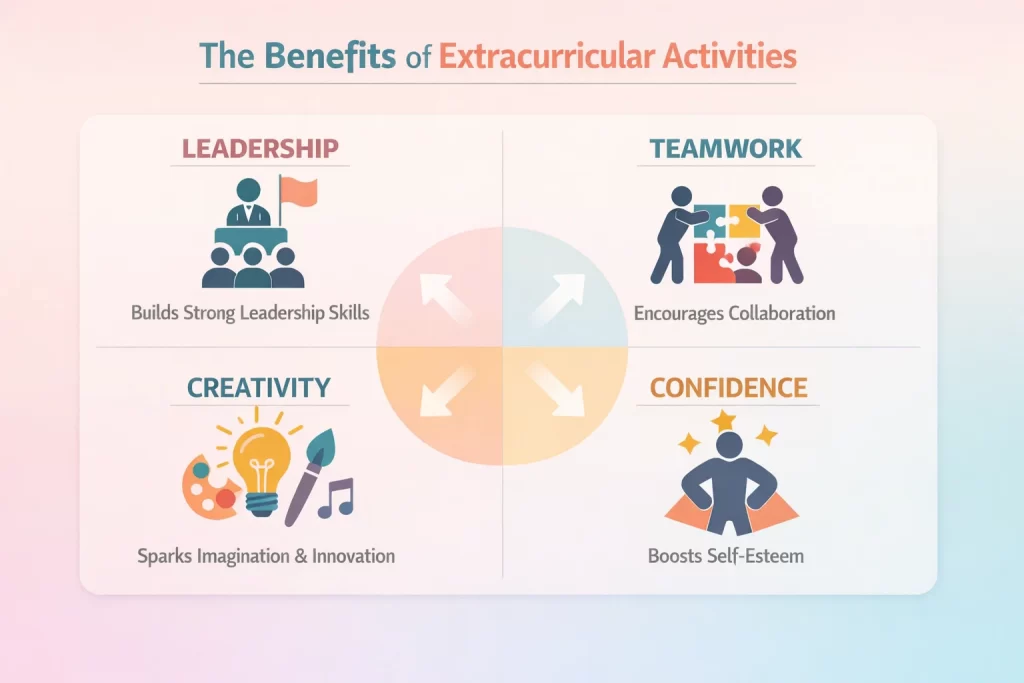 Infographic highlighting the benefits of extracurricular activities at GNWS like leadership, teamwork, creativity, and confidence.