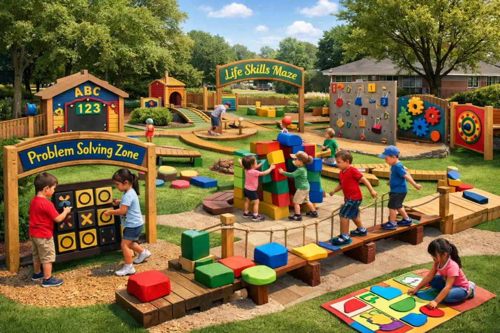 Outdoor educational play area symbolizing life skills and physical development for children.