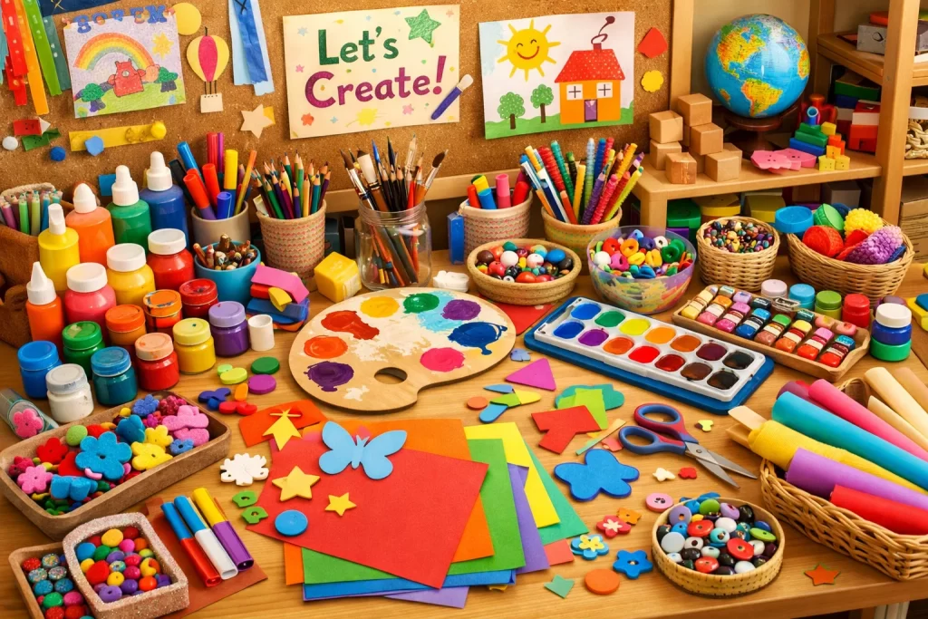 Art and craft station with materials encouraging creativity and holistic development in early education.