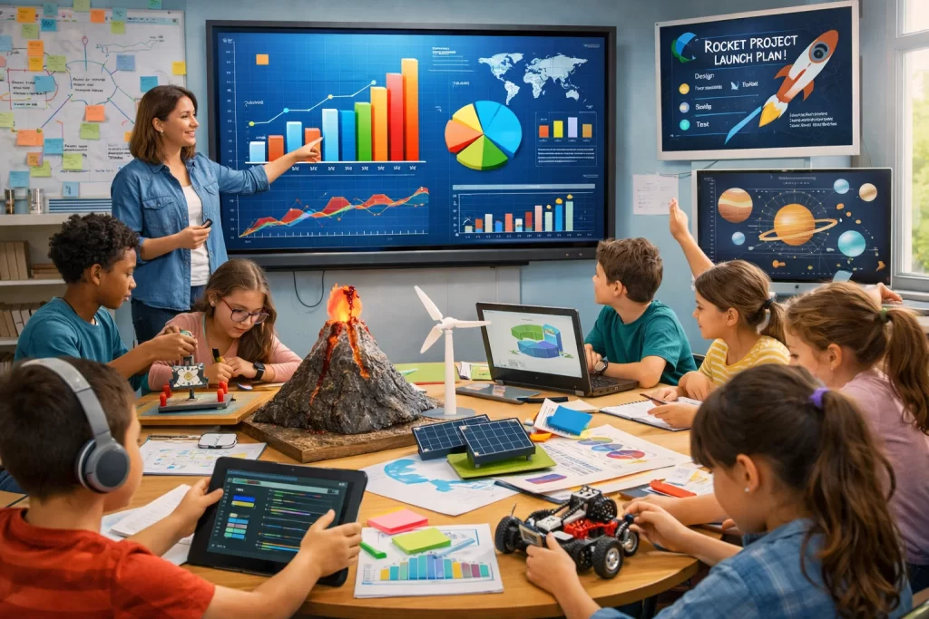 Interactive learning at CBSE schools in Greater Noida with charts, graphs, digital screens, and project-based activities