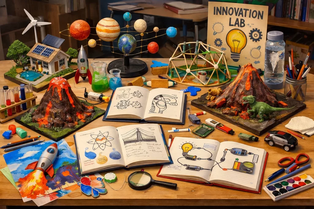 Student project displays showing hands-on experiential and project-based learning.