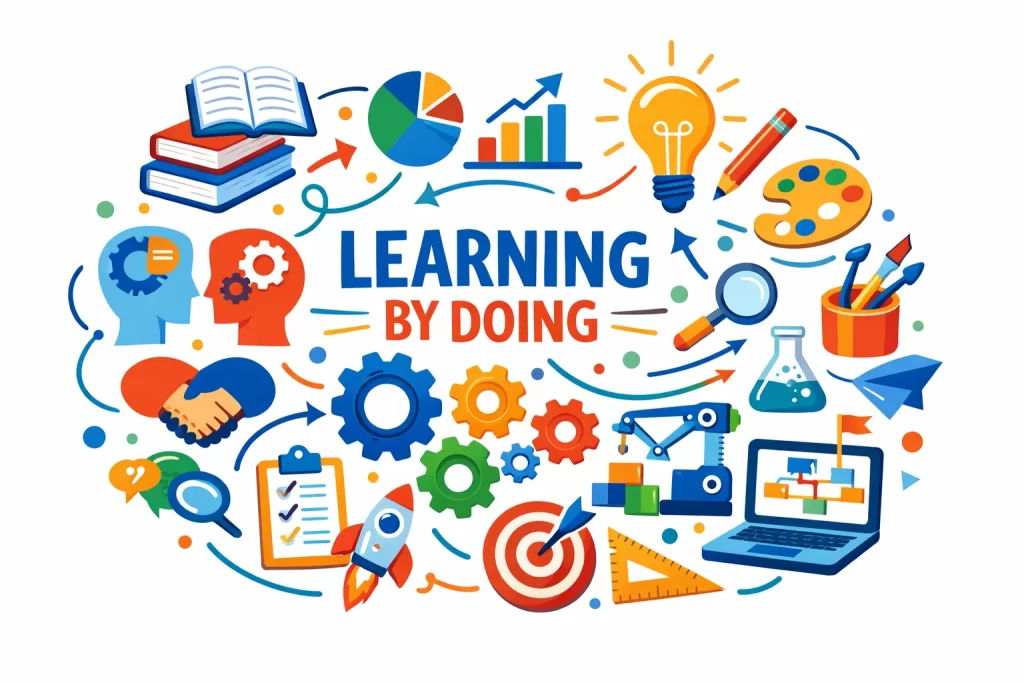 Abstract illustration representing experiential and project-based learning in schools.