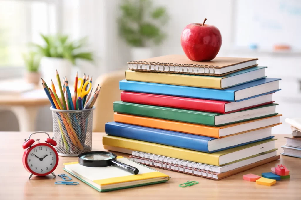 Stack of textbooks and stationery symbolizing academics and quality education