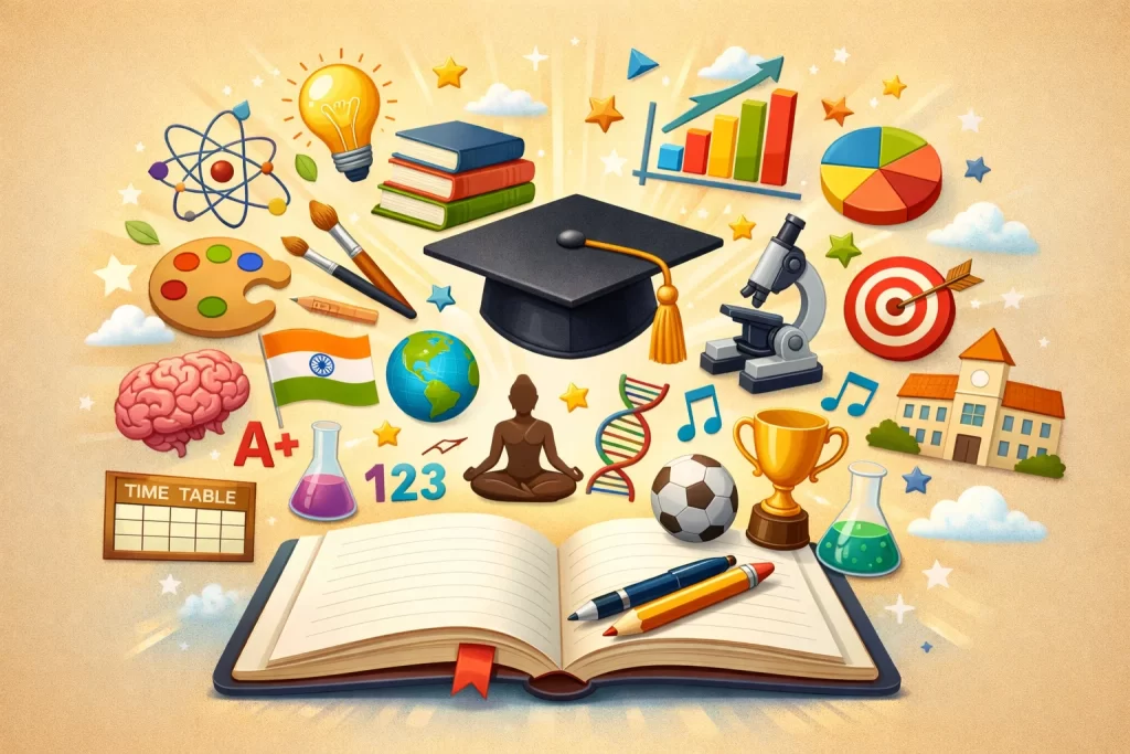 School icons over an open notebook symbolizing holistic development in CBSE schools