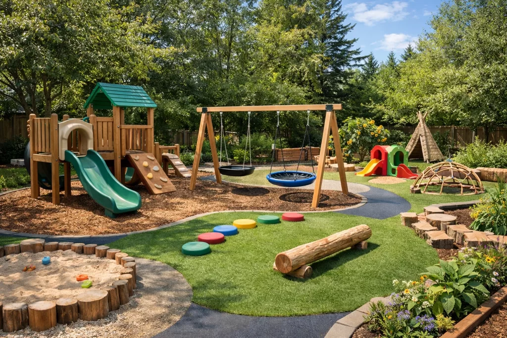 Safe outdoor play area with slides and swings for young children