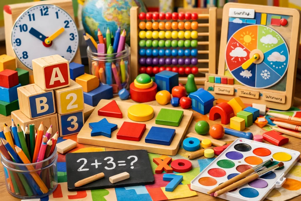 Educational toys, building blocks, and art supplies arranged for interactive learning