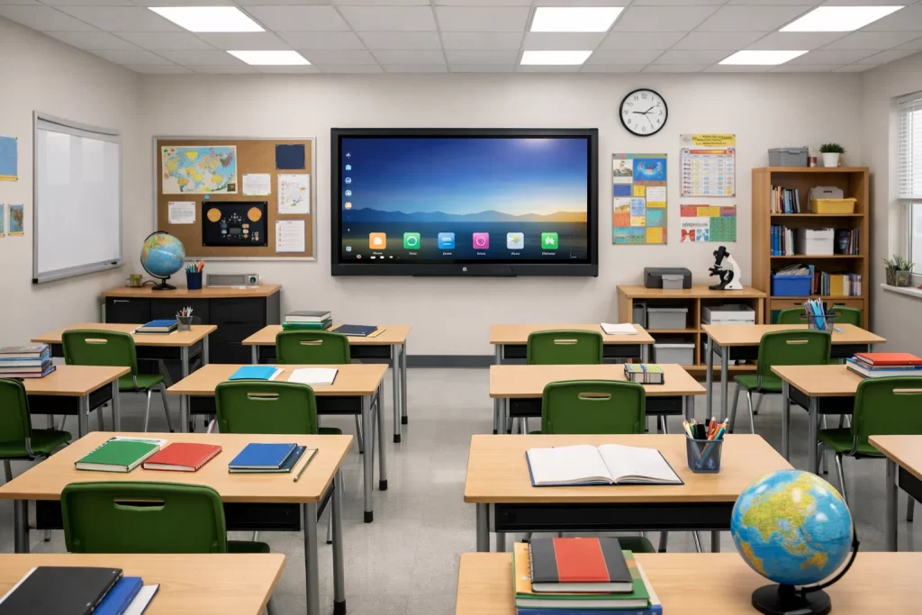 Classroom of Best CBSE school Greater Noida with digital board and desks.