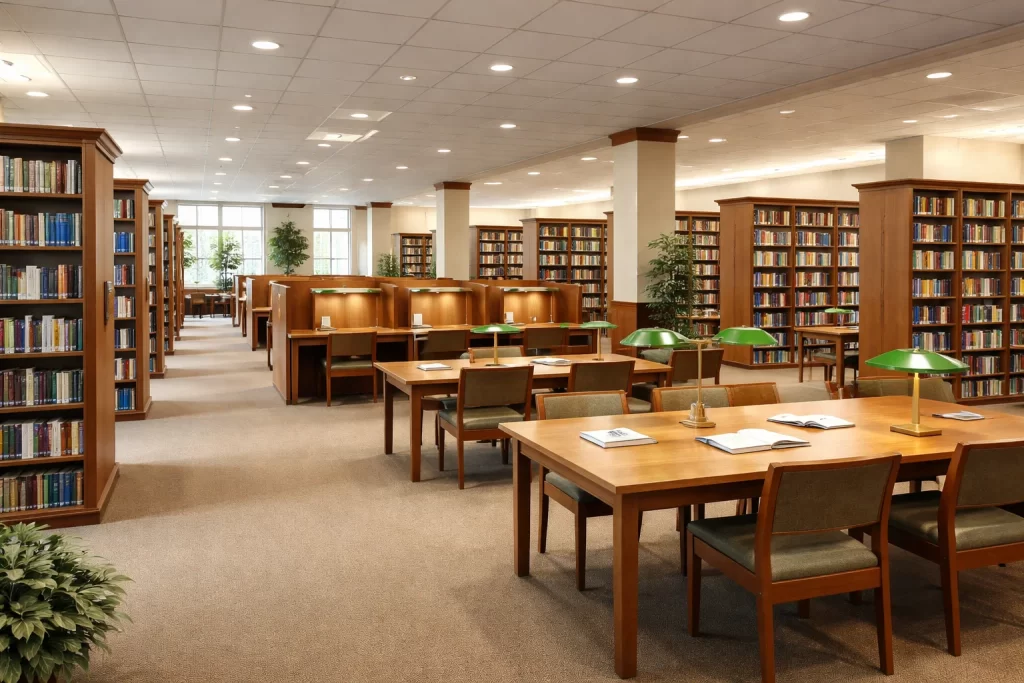 Library at Best CBSE school in Greater Noida with bookshelves and reading spaces.