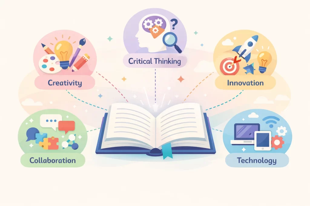 Visual representation of student centered learning approach using books and skill icons