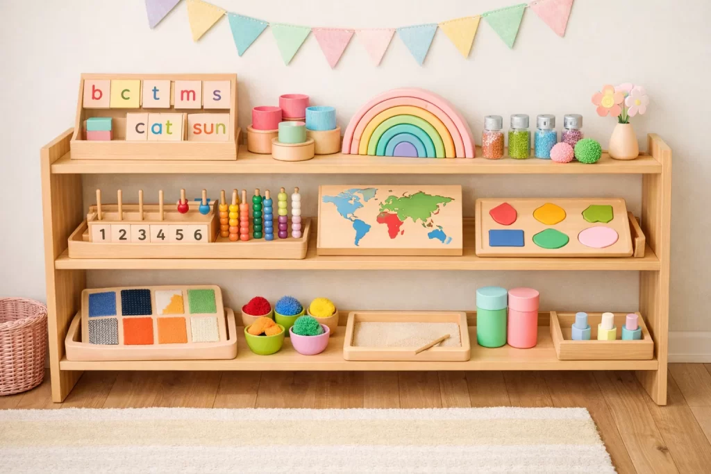 Montessori learning materials used in nursery schools for early childhood development