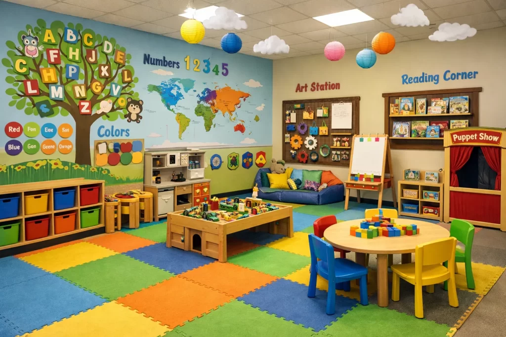 Child-safe indoor play area in nursery school for early learning activities